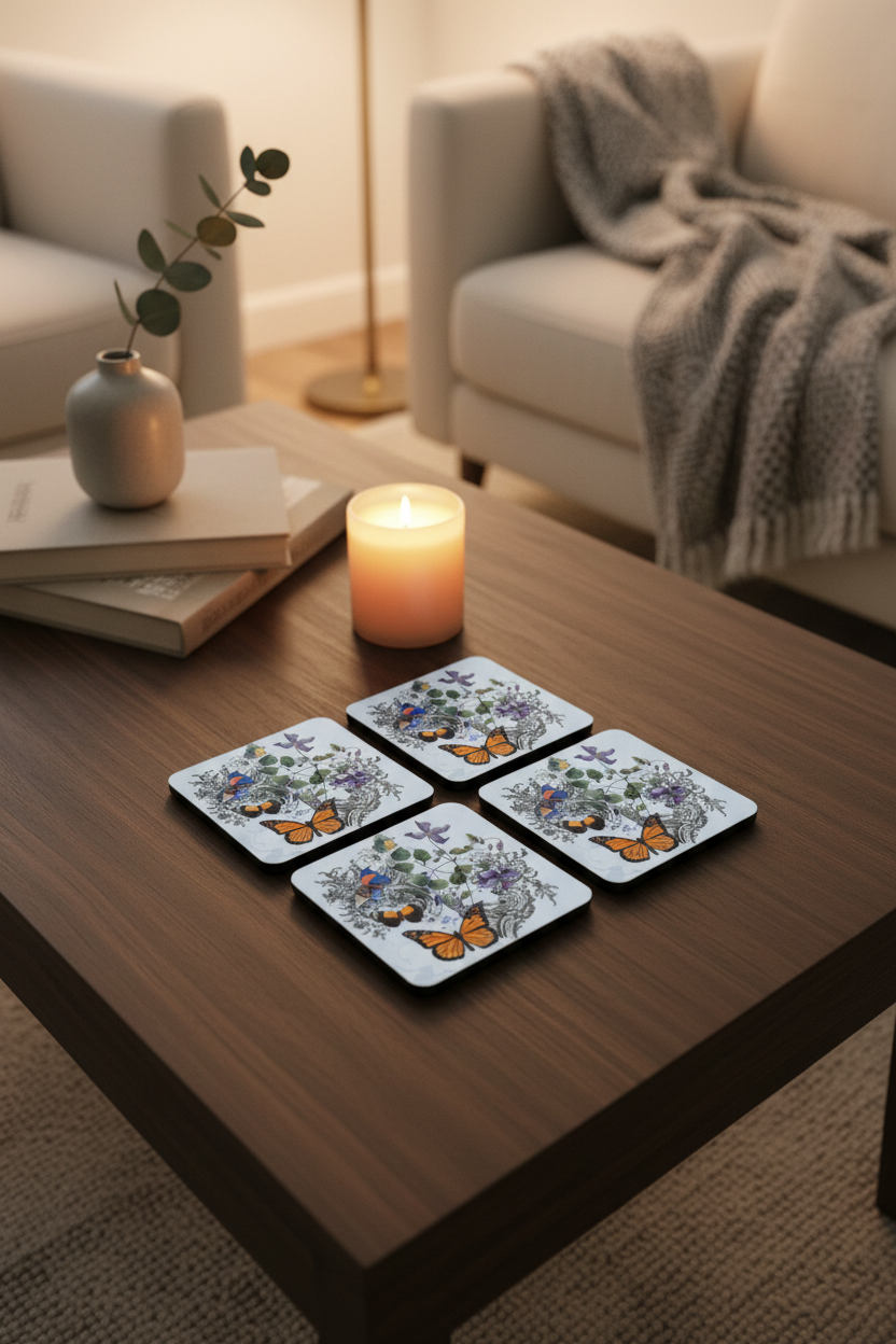 Square Sublimated Coaster Set – 4 Pack | Butterfly w/ Vines