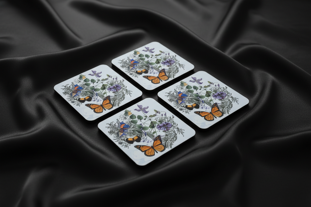 Square Sublimated Coaster Set – 4 Pack | Butterfly w/ Vines