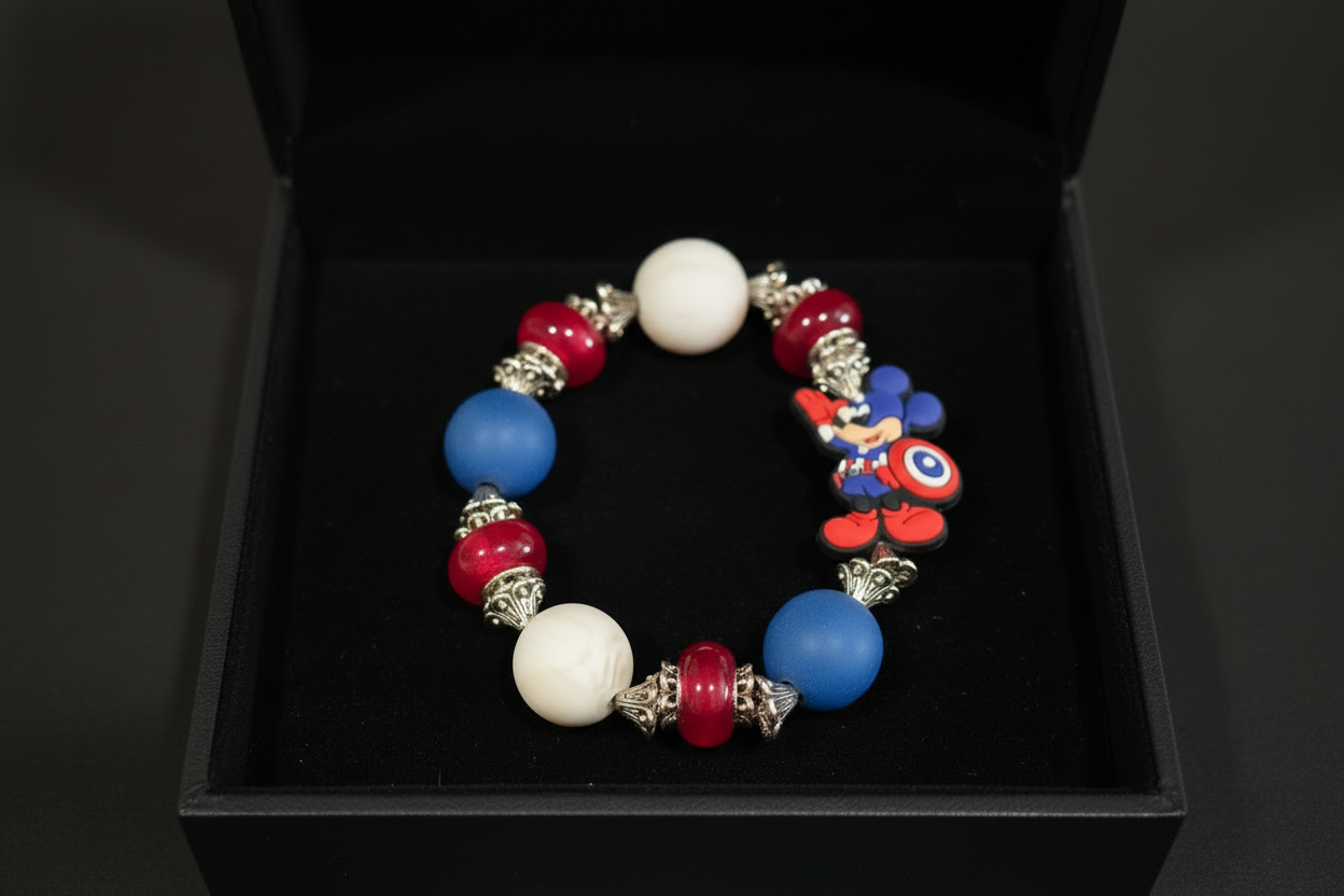 Character Bead Bracelet with Mighty Mouse Charm – Each One Handcrafted & One‑of‑a‑Kindv