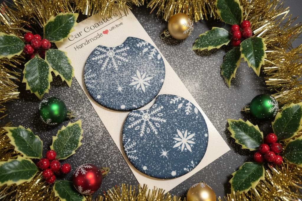 Car Coasters - Christmas Edition - Handcrafted w/ - Snowflake Blue Design