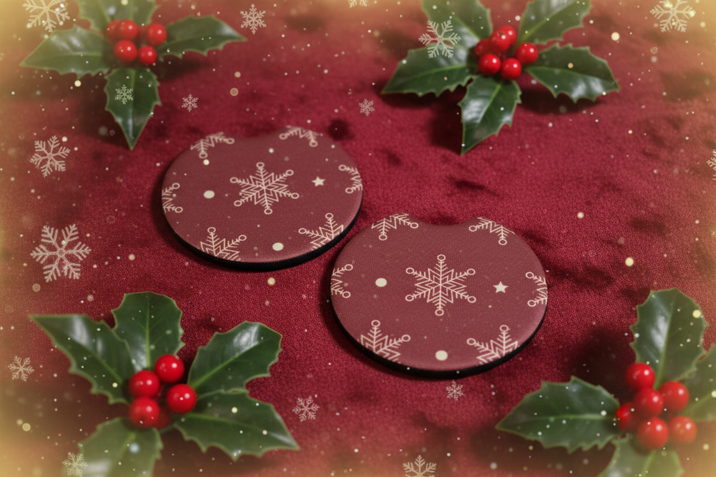Car Coasters - Christmas Edition - Handcrafted w/ - Snowflake Red Design