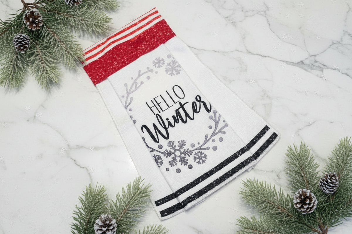 Non-Slip Stove Towels - Christmas – Hello Winter - Topper Red W/Stripe