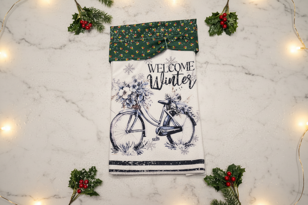 Non-Slip Stove Towels - Christmas – Welcome Winter Bike – Topper W- Floral