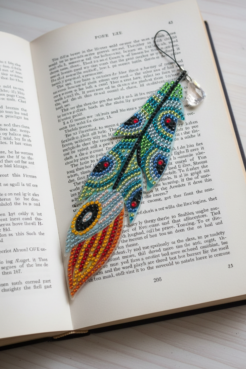 Rhinestone Feather Bookmark w/ Crystal Charm | 08
