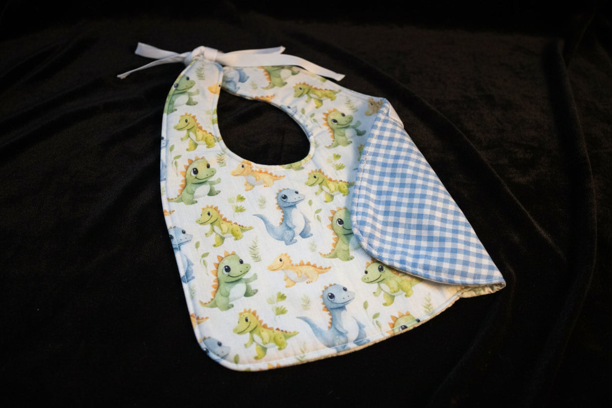Reversable Bibs  - Baby Dino W-Blue Plaid - 01