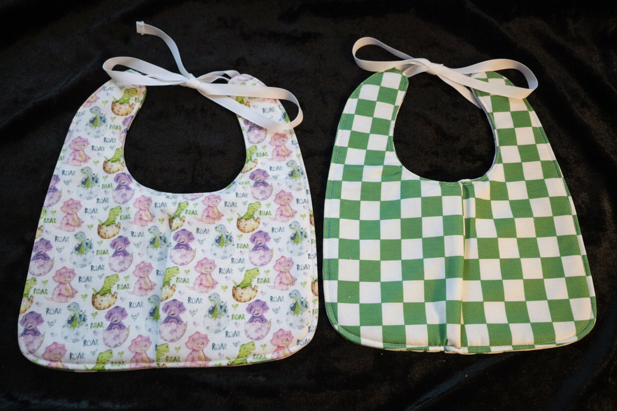 Reversable Bibs  - Dino In Egg W- Green Plaid - 03