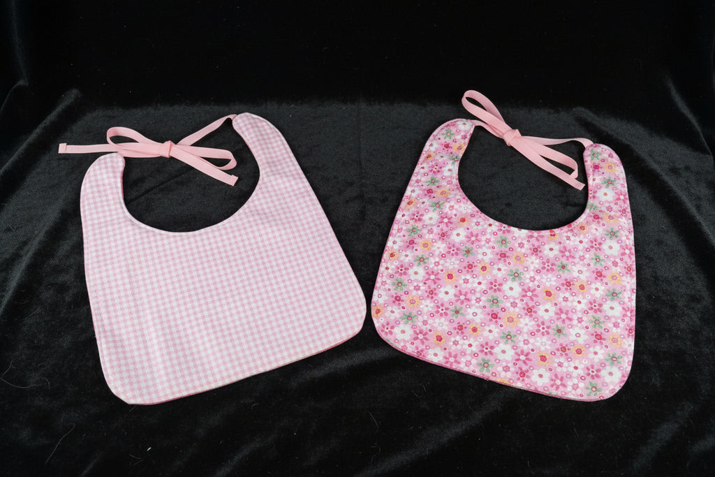 Reversible Bibs  -  Pink Flowers W- Pink Stripe