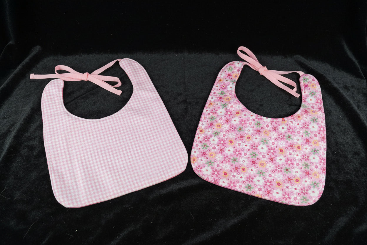 Reversable Bibs  -  Pink Flowers W- Pink Stripe - 09