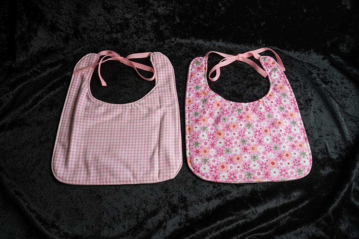 Reversable Bibs  -  Pink Flowers W- Pink Plaid - 08