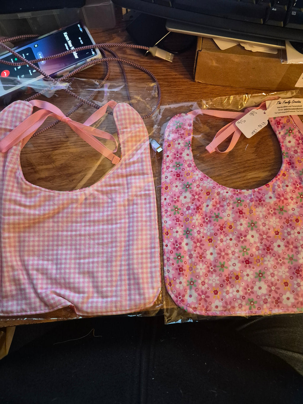 Reversible Bibs  -  Pink Flowers W- Pink Plaid