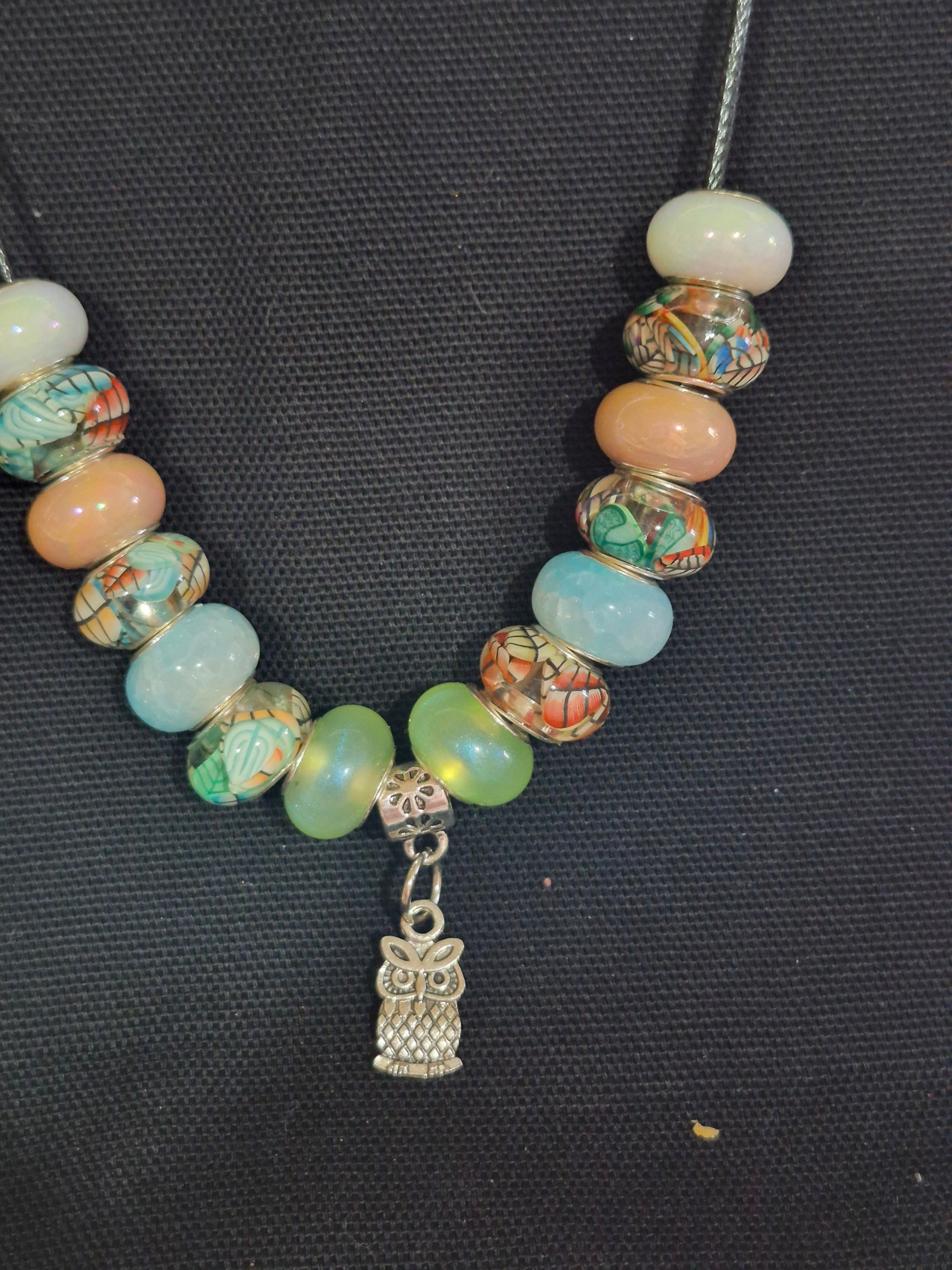 Owl Charm w/ Clear Beads Necklace  – Handcrafted & One‑of‑a‑Kind