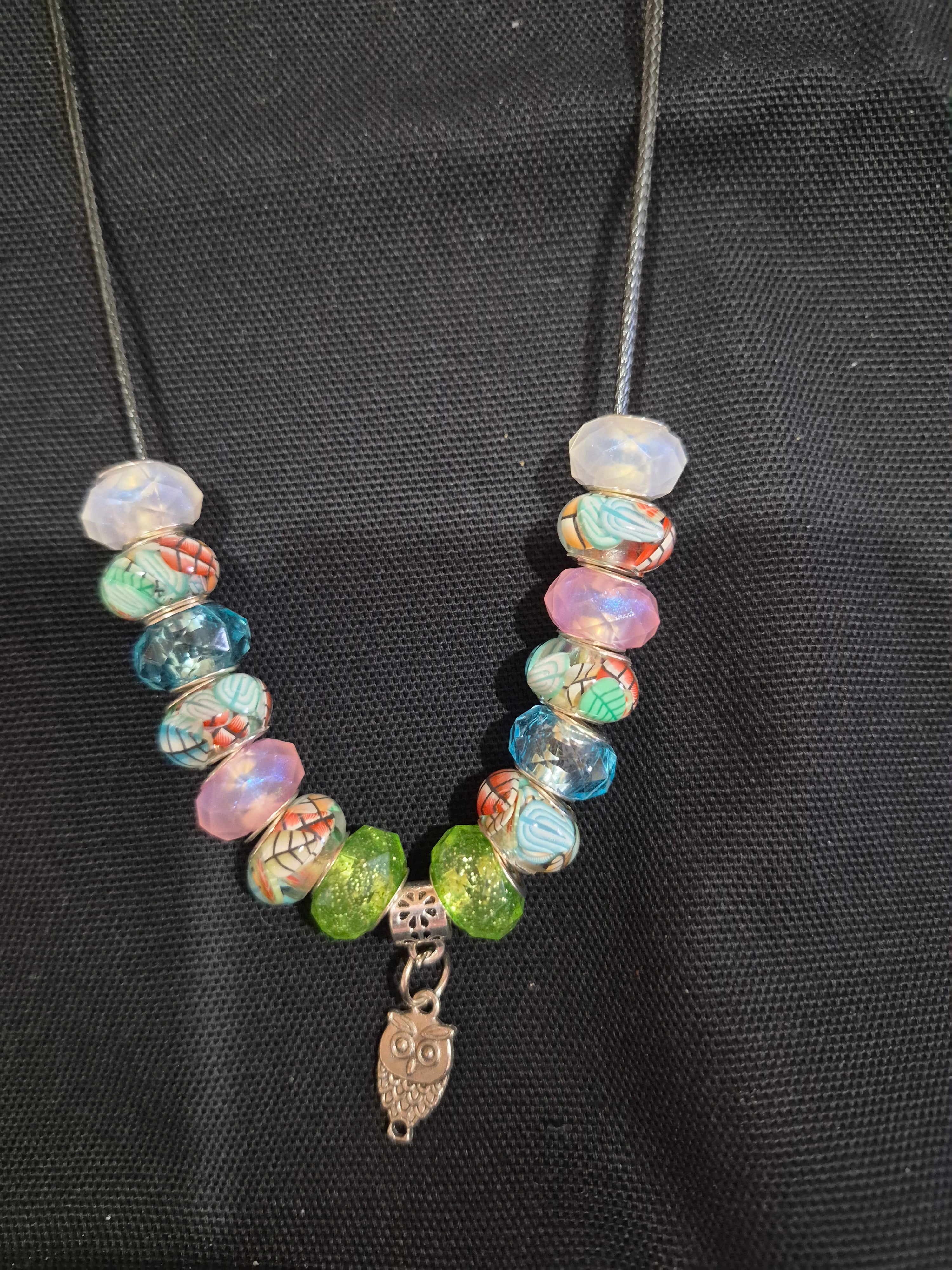 Owl Charm w/ Multi‑Bead Necklace  – Handcrafted & One‑of‑a‑Kind