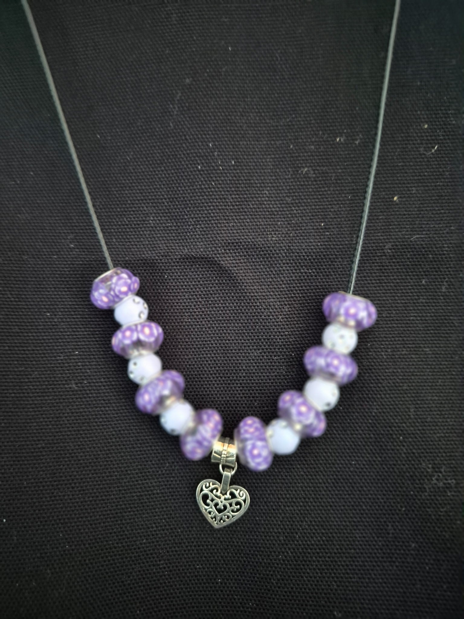 Heart w/ Purple Flower Beads Necklace – Each One Handcrafted, One‑of‑a‑Kind