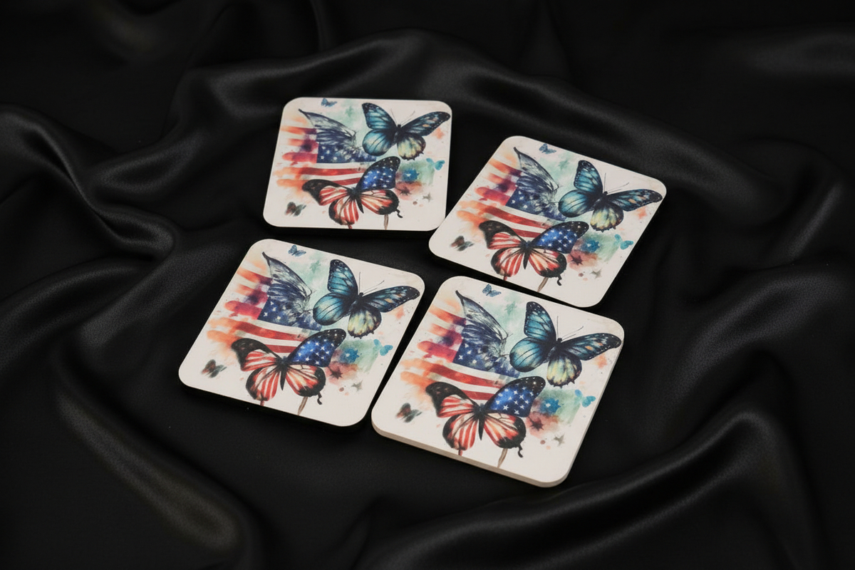 Square Sublimated Coaster Set – 4 Pack | Butterfly w/ American Flag