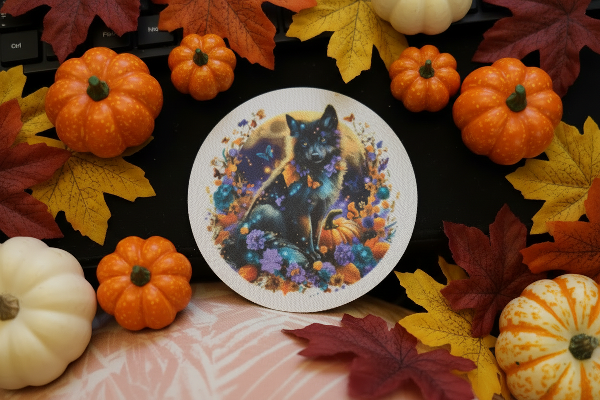 Round Sublimated Coaster Set – 4 Pack | Fall Dogs w/ Pumpkins